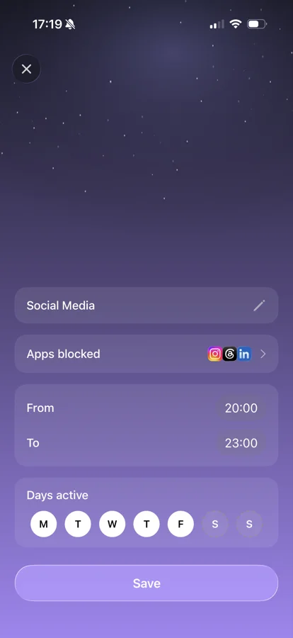Sero schedule setup: session name, blocked apps, from 20:00 to 23:00, active on weekdays.