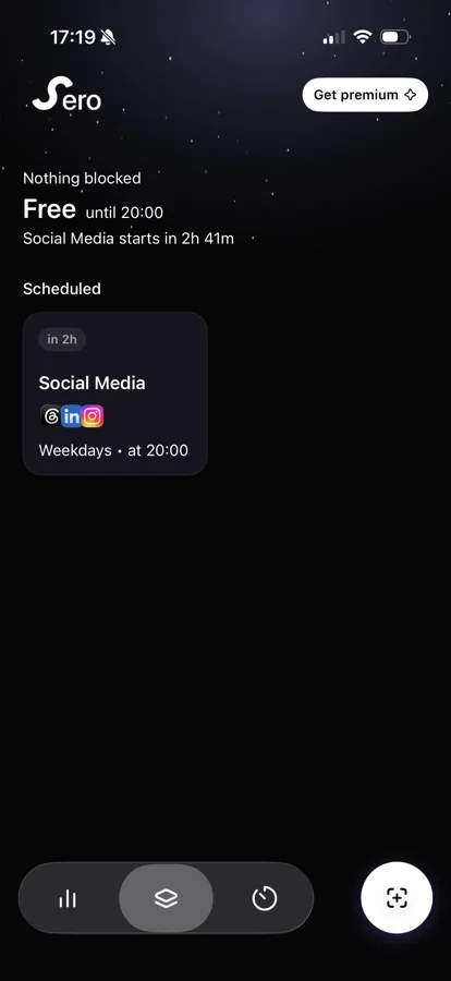 Sero home screen showing nothing blocked, free until 20:00, and a Social Media block starting in two hours.