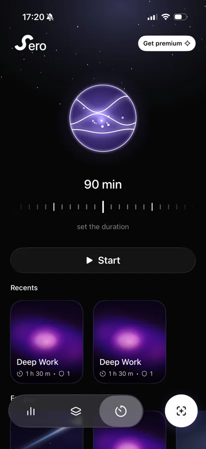 Sero focus timer set to 90 minutes, with recent Deep Work sessions below.